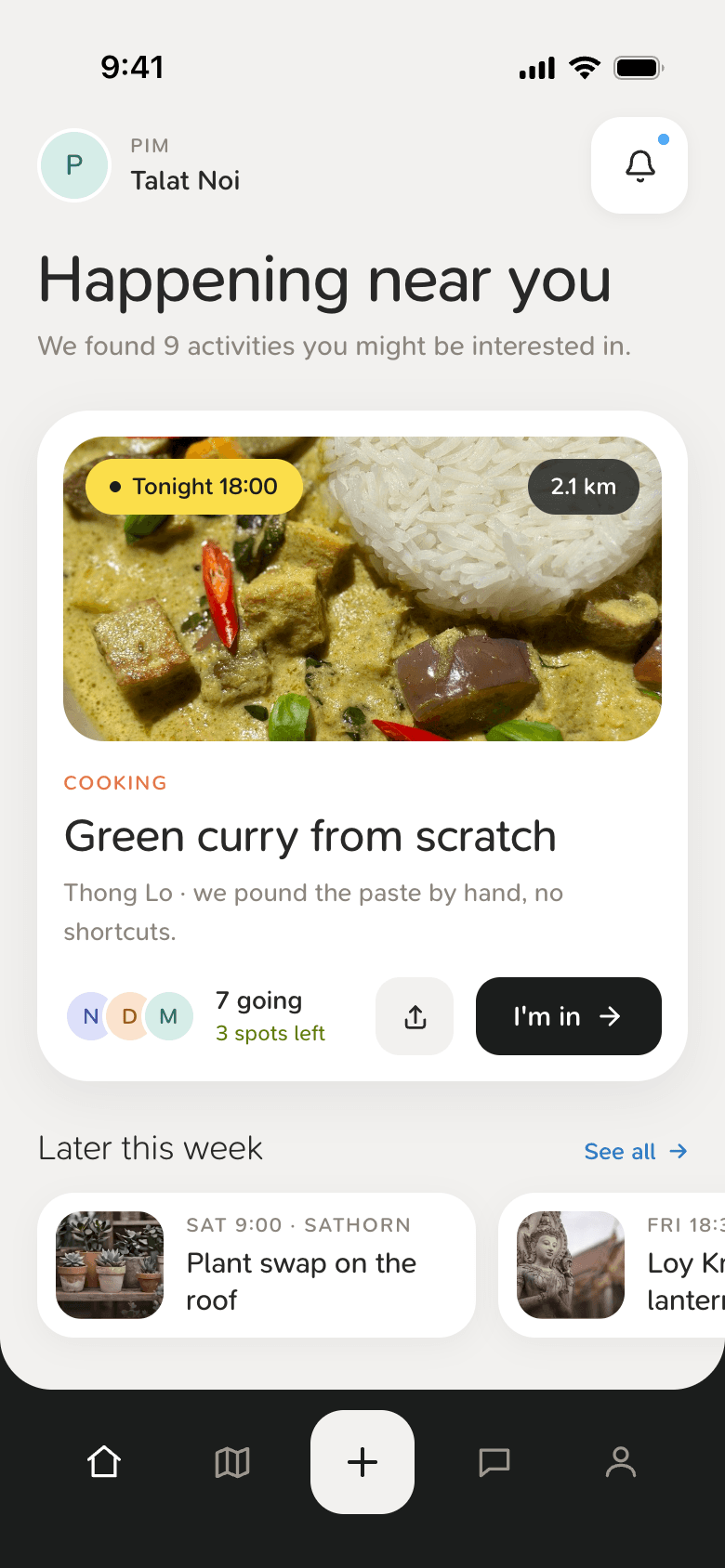 The Comeet feed, showing nearby activities like a curry cooking class and Loy Krathong lanterns